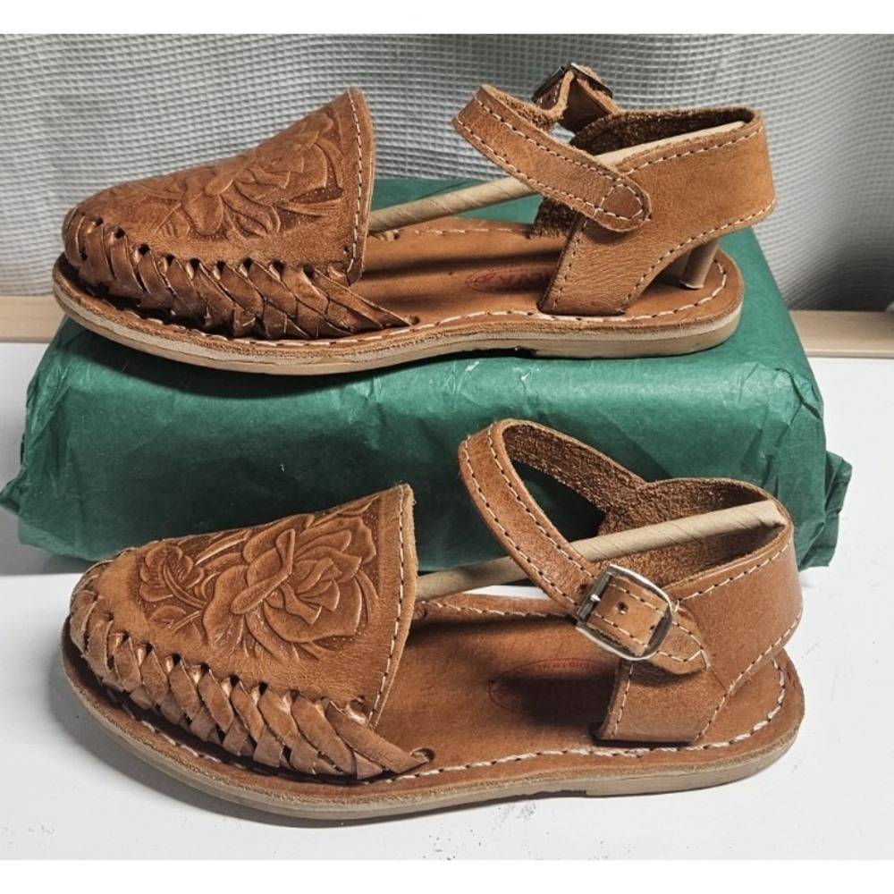 ARTESANIAS SILVA mexican handmade embossed floral dark tan sandals‎ girl Sz 1.5